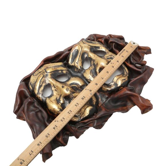 Vintage Leather Comedy Tragedy Masks Wall Decor Theater Brown Gold Brazil - Picture 2 of 9